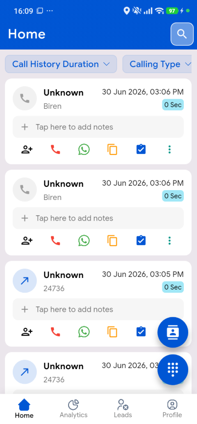 Callytix App Secondary Screen